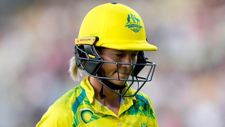 Australia's captain Meg Lanning reacts as he walks off the field after losing her wicket during the women's cricket T20 semifinal match between Australia and New Zealand at Edgbaston at the Commonwealth Games in Birmingham, England, on Aug. 6, 2022. Lanning has been ruled out of the women...s Ashes cricket series in England for medical reasons. (AP Photo/Aijaz Rahi, File)