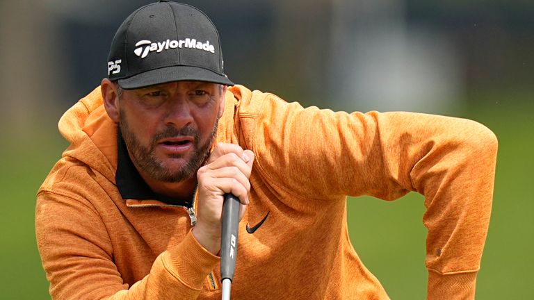 Michael Block lines up a putt on the eighth hole during the second round of the PGA Championship golf tournament at Oak Hill Country Club on Friday, May 19, 2023, in Pittsford, N.Y. (AP Photo/Eric Gay)