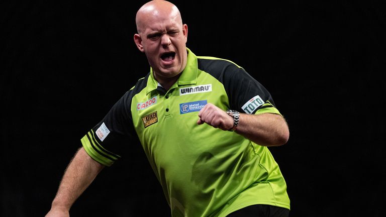 Michael Van Gerwen reacting in the semi final match during the Cazoo Premier League Play-Offs. Photo credit should read: Steven Paston/PDC ..RESTRICTIONS: Use subject to restrictions. Editorial use only, no commercial use without prior consent from rights holder.