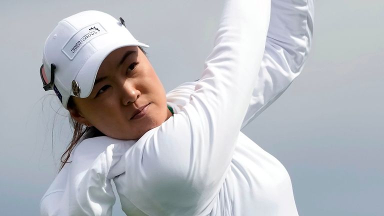 Australia's Minjee Lee watches her shot from the 12th tee at the International Crown match play golf tournament in San Francisco, Thursday, May 4, 2023. (AP Photo/Jeff Chiu)