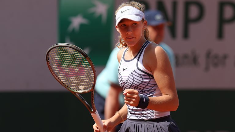 Mirra Andreeva is seen in action against Alison Riske-Amritraj of United States during their Women's Singles First Round Match on Day Three of the 2023 French Open at Roland Garros on May 30, 2023 in Paris, France. (Photo by Ian MacNicol/Getty Images)
