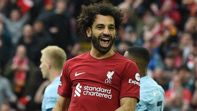 Mo Salah celebrates his winning goal against Brentford.