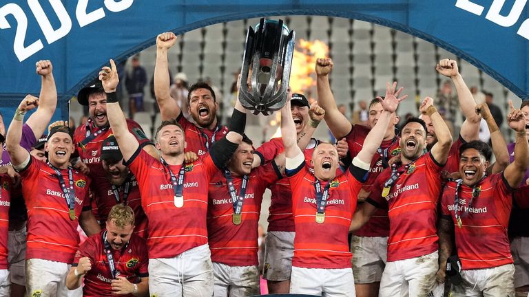 27 May 2023; The Munster celebrate with the cup after winning the United Rugby Championship Final match between DHL Stormers and Munster at DHL Stadium in Cape Town, South Africa. Photo by Nic Bothma/Sportsfile
