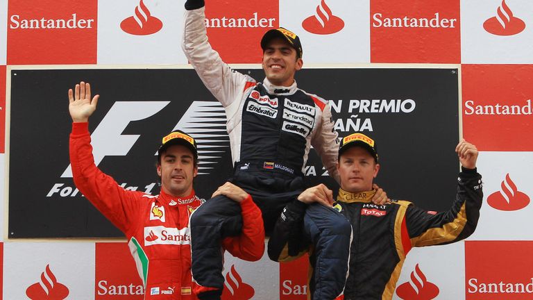 Fernando Alonso and Kimi Raikkonen lift Pastor Maldonardo after the Venezuelan's only Grand Prix victory 