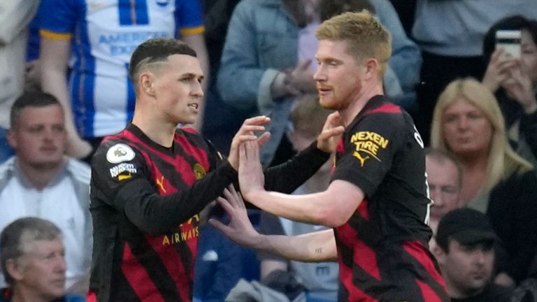 Manchester City's Phil Foden, left, celebrates with Manchester City's Kevin De Bruyne after scoring vs Brighton