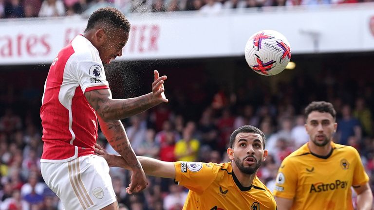 Gabriel Jesus heads in Arsenal&#39;s fourth goal against Wolves