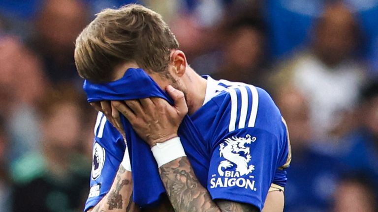 James Maddison buries his face in his shirt following Leicester&#39;s relegation from the Premier League