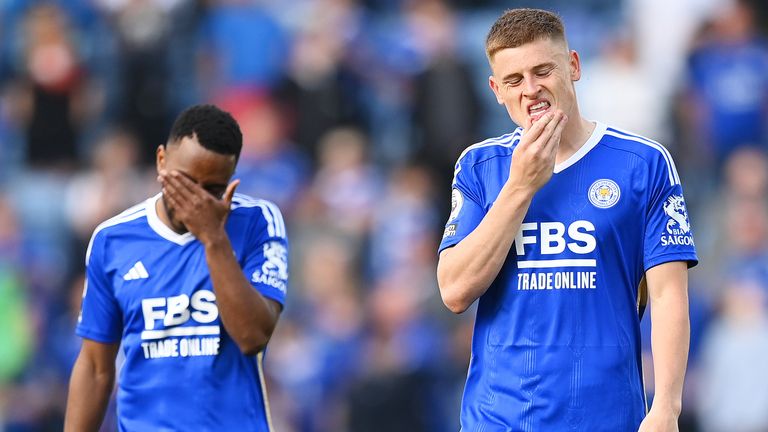 Harvey Barnes looks dejected as Leicester are relegated from the Premier League