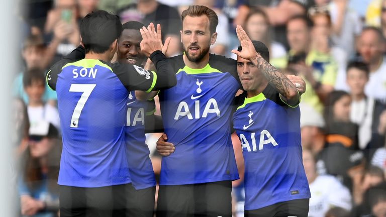 Harry Kane is congratulated after giving Spurs a 3-1 lead at Elland Road
