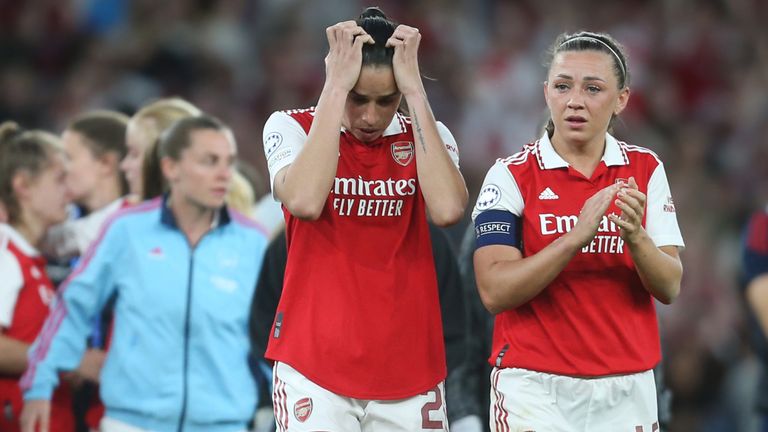 Rafaelle and Katie McCabe are dejected after Arsenal's Champions League semi-final exit 