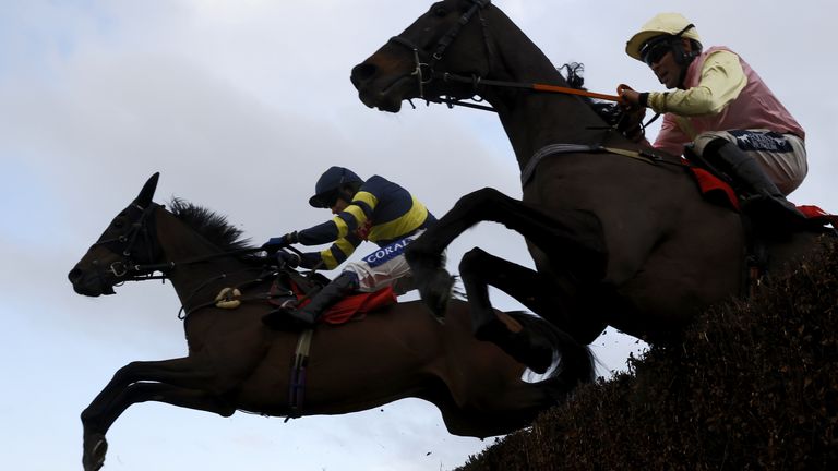 Raffle Ticket (near side) clears a fence at Sandown on chase debut