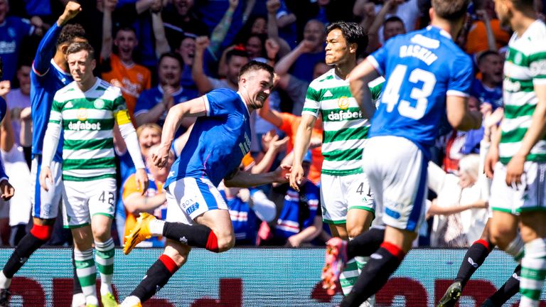 GLASGOW, SCOTLAND - MAY 13: John Souttar celebrates making it 2-0 Rangers during a cinch Premiership match between Rangers and Celtic at Ibrox Stadium, on May 13, 2023, in Glasgow, Scotland. (Photo by Craig Williamson / SNS Group)