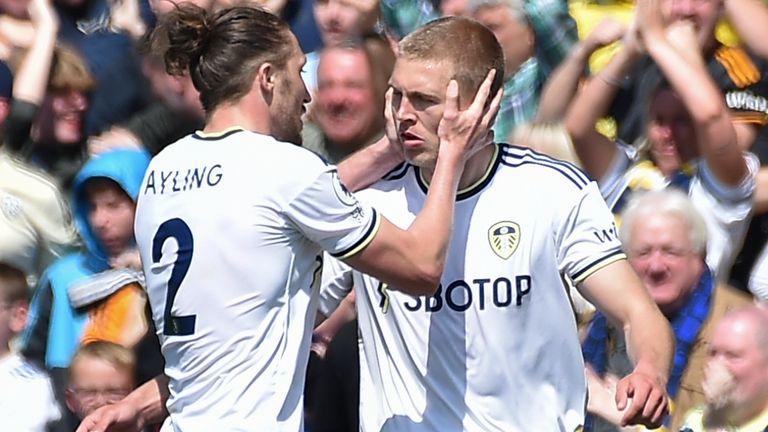 Leeds United's Rasmus Kristensen, right, is congratulated by teammate Luke Ayling after scoring against Newcastle