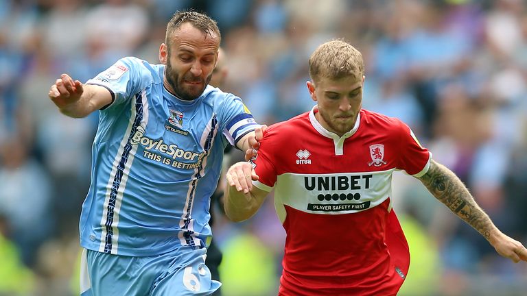 Middlesbrough's Riley McGree (right) and Coventry City's Liam Kelly battle for the ball