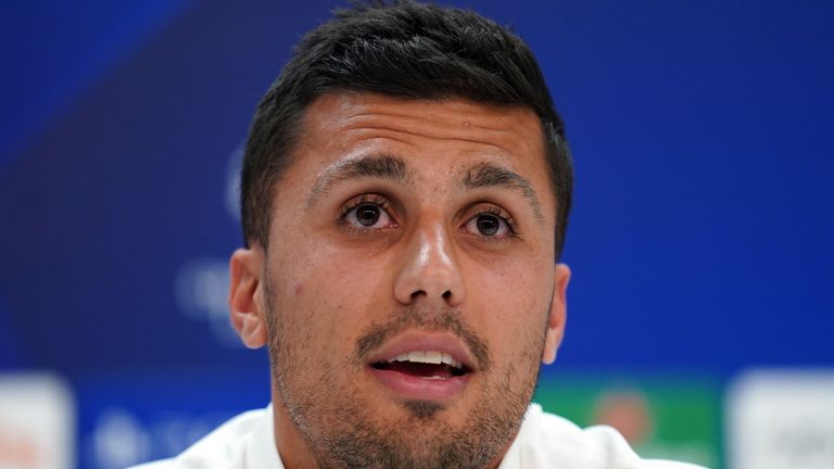 Manchester City&#39;s Rodri during a press conference at the Santiago Bernabeu Stadium, Madrid. Picture date: Monday May 8, 2023
