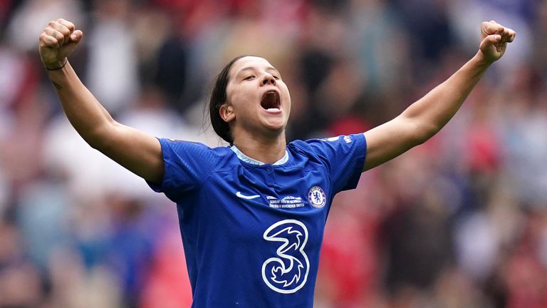 Sam Kerr celebrates after scoring for Chelsea in Women's FA Cup final