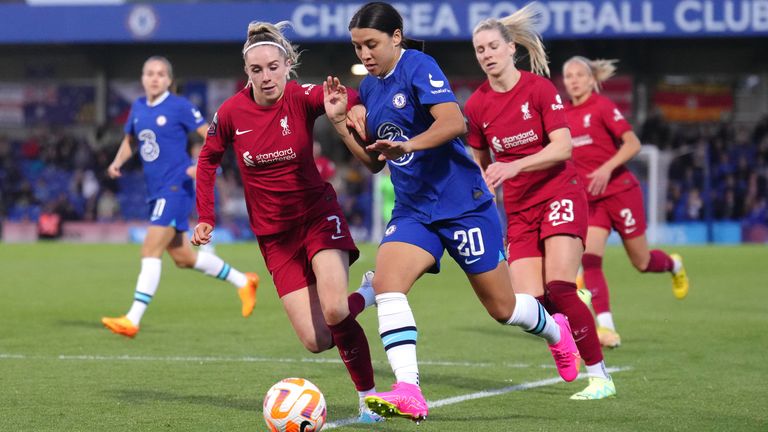 Chelsea's Sam Kerr tries get away from Liverpool's Missy Bo Kearns