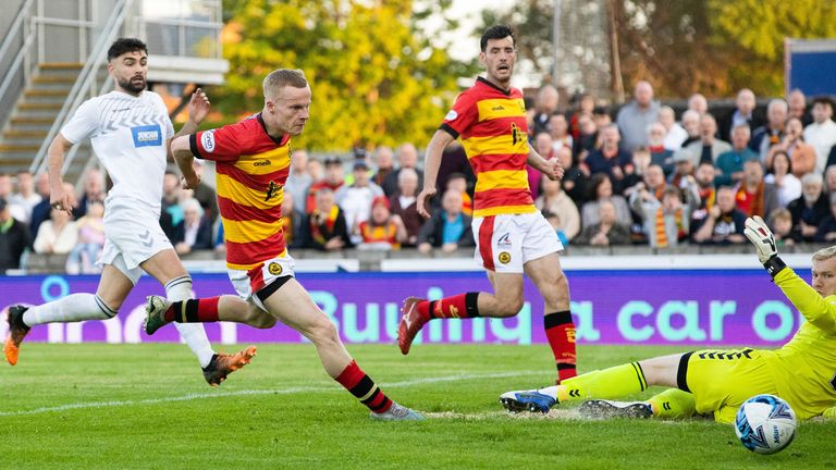 Partick Thistle&#39;s Scott Tiffoney scores to make it 3-0 during a cinch Premiership Play-Off Semi Final match between Ayr United and Partick Thistle