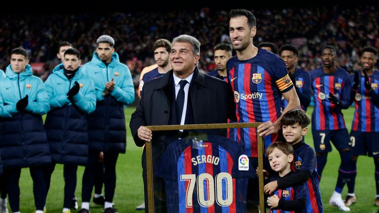 Busquets was presented with a ceremonial Barcelona shirt after making his 700th appearance for the club earlier this season