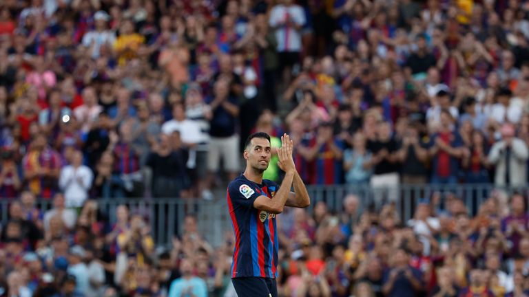 Barcelona's Sergio Busquets applauds the fans after being substituted in his last home game for the club during a Spanish La Liga soccer match between Barcelona and Mallorca at the Camp Nou stadium in Barcelona, Spain, Sunday, May 28, 2023. (AP Photo/Joan Monfort)