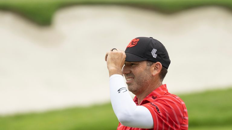 Captain Sergio Garcia of Fireballs GC looks on from the 18th green after a one-hole playoff against Talor Gooch of RangeGoats GC during the final round of LIV Golf Singapore at the Sentosa Golf Club on Sunday, Apr. 30, 2023 in Sentosa, Singapore. (Photo by Scott Taetsch/LIV Golf via AP)