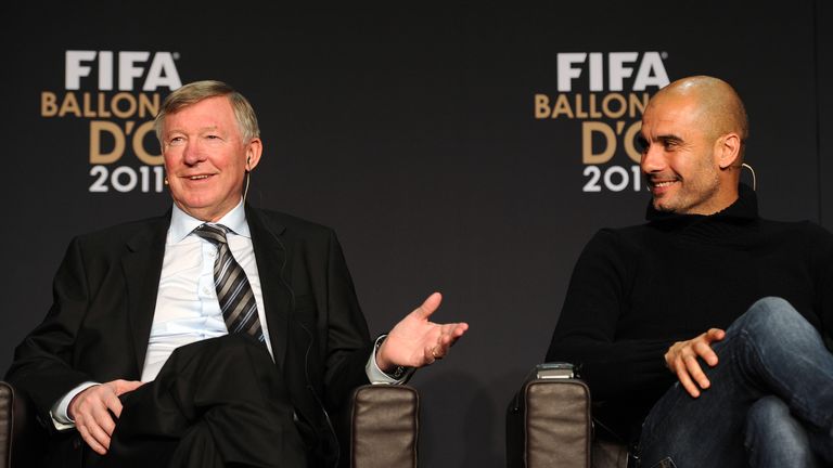 Nominees for the Fifa World coach of the Year for Men’s Football, Sir Alex Ferguson (L), manager of Manchester United speaks with Barcelona's Spanish coach Pep Guardiola during a press conference prior to the FIFA Ballon d'Or ceremony on January 9, 2012 at the Kongresshaus in Zurich. 
