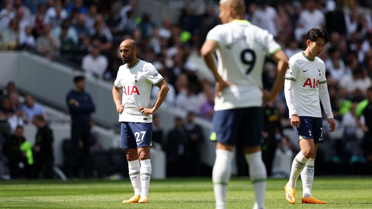 Spurs' Lucas Moura and Heung-min Son look despondent during the 3-1 defeat to Brentford 