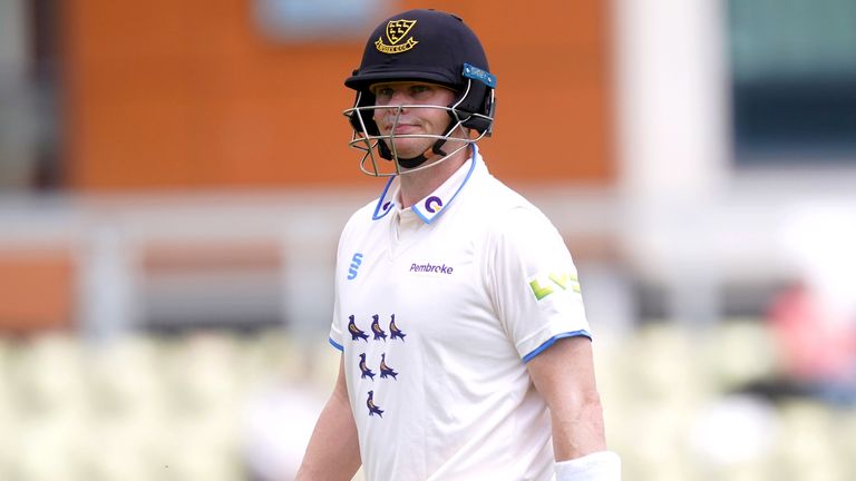 Sussex's Steve Smith leaves the pitch after being caught lbw by Worcestershire's Josh Tongue on day two of the LV= Insurance County Championship match at New Road, Worcester. Picture date: Friday May 5, 2023.
