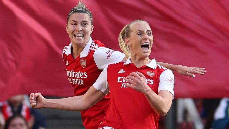 Stina Blackstenius of Arsenal Women celebrates after scoring a goal to make it 1-0 vs Wolfsburg
