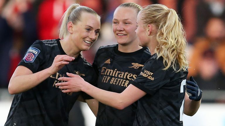 Stina Blackstenius of Arsenal celebrates with teammates after scoring the team's second goal during the FA Women's Super League match between Brighton & Hove Albion and Arsenal at Broadfield Stadium 