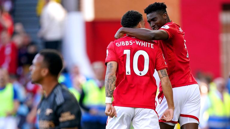 Taiwo Awoniyi (right) celebrates with team-mate Morgan Gibbs-White after scoring