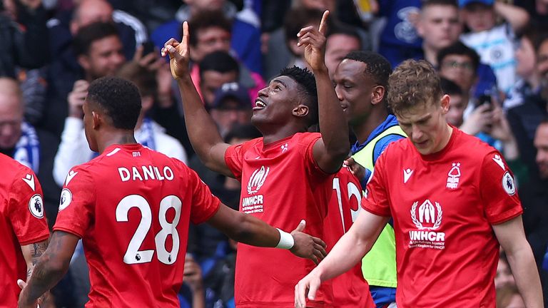Taiwo Awoniyi of Nottingham Forest celebrates scoring his second goal vs Chelsea