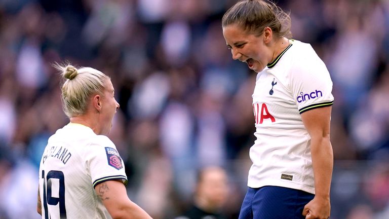 Tottenham Hotspur's Kit Graham, (right) celebrates scoring their fourth goal with fellow goalscorer Bethany England, (left) during the Barclays Women's Super League match at the Tottenham Hotspur Stadium, London. Picture date: Saturday May 20, 2023.