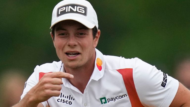 Viktor Hovland, of Norway, lines up a putt on the 15th hole during the second round of the PGA Championship golf tournament at Oak Hill Country Club on Friday, May 19, 2023, in Pittsford, N.Y. (AP Photo/Seth Wenig)
