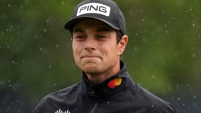 Viktor Hovland, of Norway, reacts after missing a putt on the fifth hole during the third round of the PGA Championship golf tournament at Oak Hill Country Club on Saturday, May 20, 2023, in Pittsford, N.Y. (AP Photo/Seth Wenig)