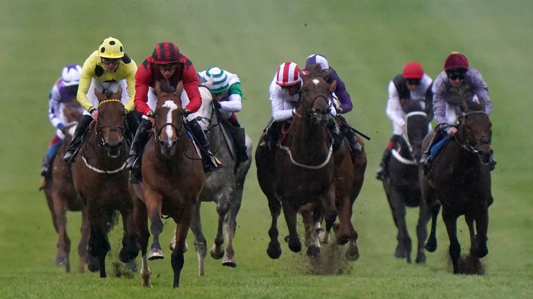 Waipiro (red and black) in winning action at Newmarket last month