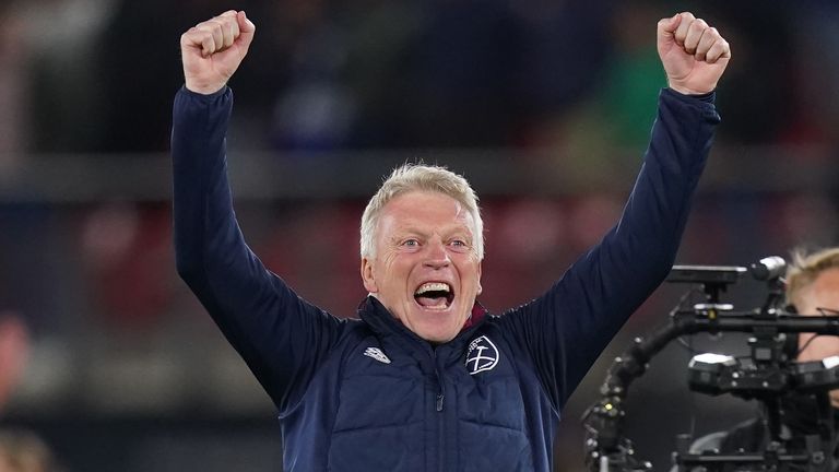 West Ham United manager David Moyes celebrates victory after the UEFA Europa Conference League semi-final against AZ Alkmaar