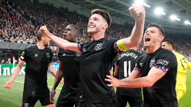 West Ham's Declan Rice leads the celebrations