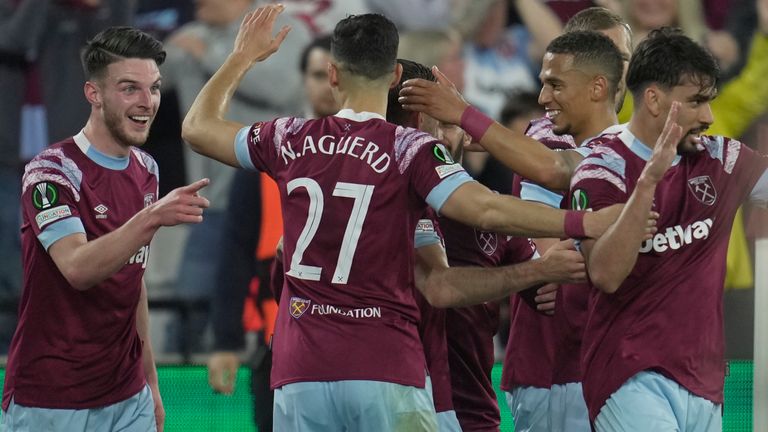 West Ham players celebrate after Michail Antonio scored his side's second goal during the Conference League first leg semifinal soccer match between West Ham and AZ Alkmaar at London Stadium in London, Thursday, May 11, 2023. (AP Photo/Kin Cheung)