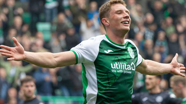 EDINBURGH, SCOTLAND - MAY 06: Hibernian&#39;s Will Fish celebrates scoring to make it 2-0 during a cinch Premiership match between Hibernian and St Mirren at Easter Road, on May 06, 2023, in Edinburgh, Scotland.  (Photo by Ross Parker / SNS Group)