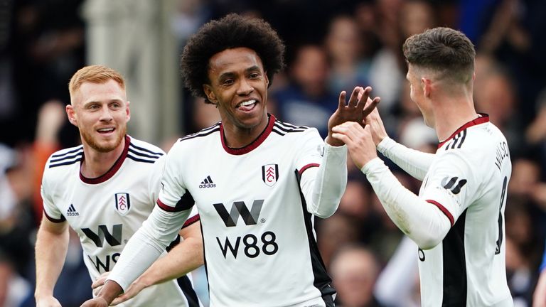 Willian celebrates Fulham's goal against Leicester
