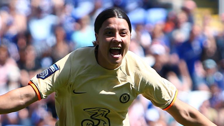 Sam Kerr celebrates after heading Chelsea ahead against Reading