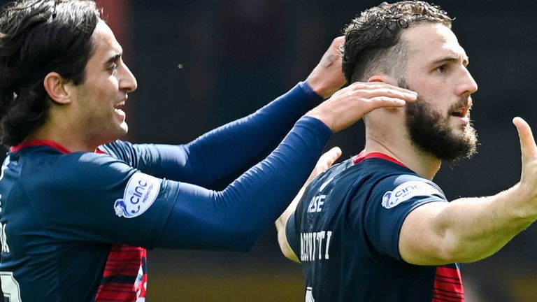 DINGWALL, SCOTLAND - MAY 06: Ross County&#39;s Alex Iacovitti (R) celebrates scoring to make it 1-0 with his teammate Yan Dhanda during a cinch Premiership match between Ross County and Livingston at the Global Energy Stadium, on May 06, 2023, in Dingwall, Scotland.  (Photo by Rob Casey / SNS Group)