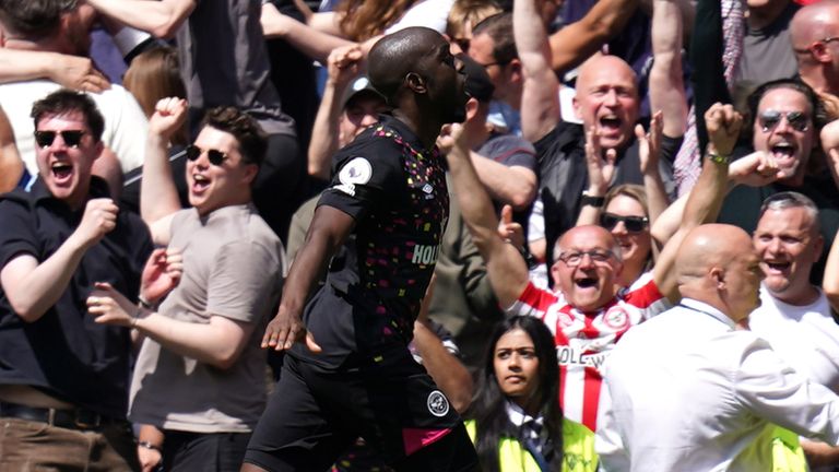 Yoane Wissa celebrates scoring Brentford's third goal