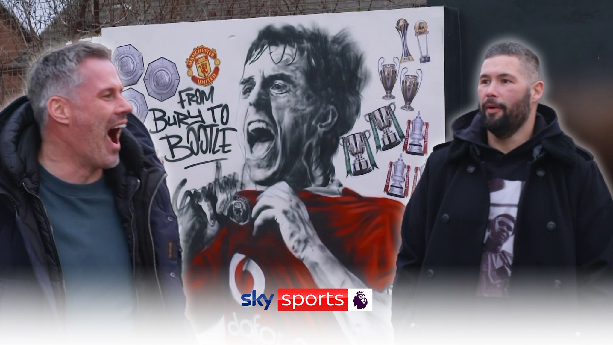 Gary Neville unveils his own 'Bury to Bootle' mural in front of Tony Bellew  and Jamie Carragher as part of The Overlap on Tour on Sky Max on Wednesday  nights at 9pm.