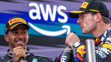 Lewis Hamilton and Max Verstappen celebrate on the Spanish GP podium