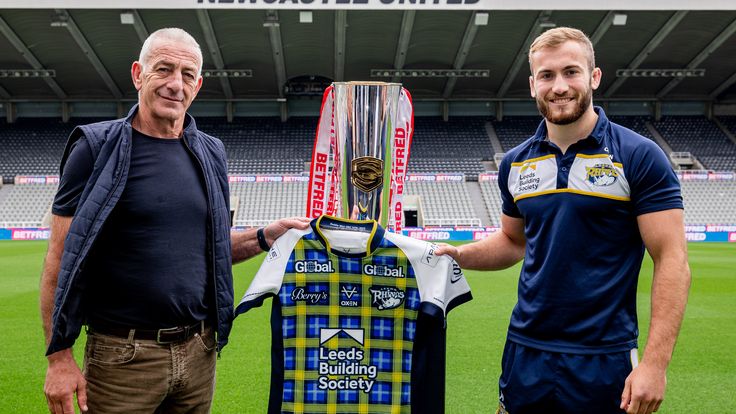 Picture by Alex Whitehead/SWpix.com - 30/05/2023 - Rugby League - Betfred Super League - Magic Weekend Preview - St James' Park, Newcastle, England - John Bentley and Jarrod O'Connor of Leeds Rhinos with the Doddie Weir tartan Magic shirt