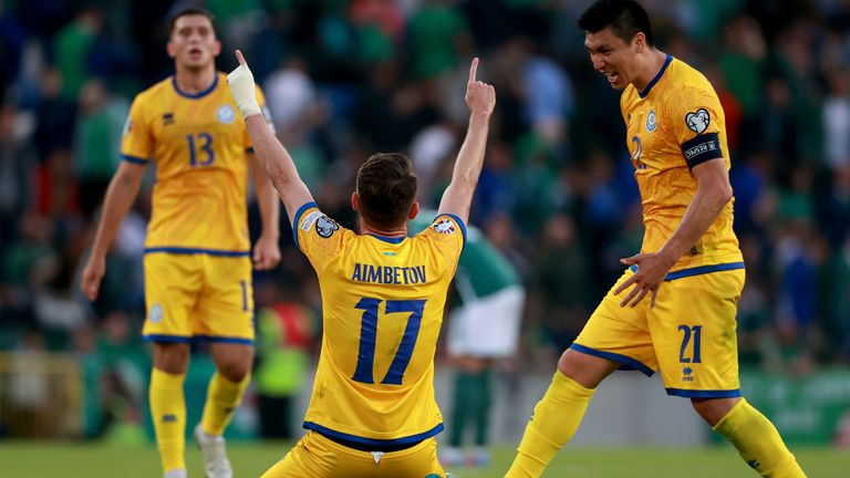 Abat Aimbetov's celebrates his late winner at Windsor Park