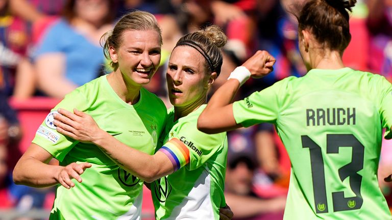 Wolfsburg's Alexandra Popp celebrates with Svenja Huth and Felicitas Rauch after scoring her side's second goal