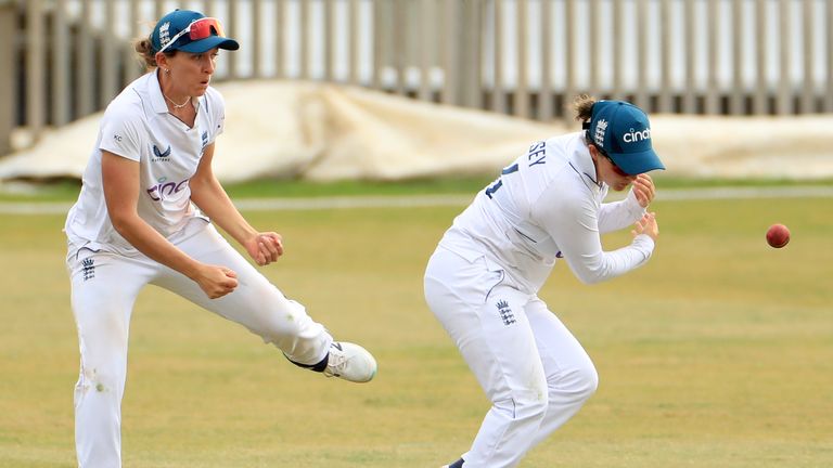 England�s Kate Cross (left) and Alice Capsey fail to catch the ball of Australia�s Jess Jonassen after bumping into each other during day three of the Women's International Test match at The Incora County Ground, Derby. Picture date: Saturday June 17, 2023.